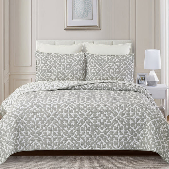 Gray Medallion Jaquard King Coverlet Set