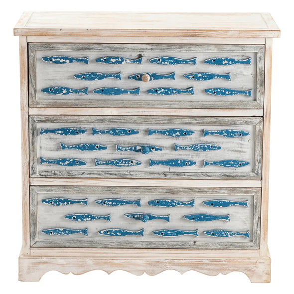 Carved Blue Fish 3 Drawer Chest