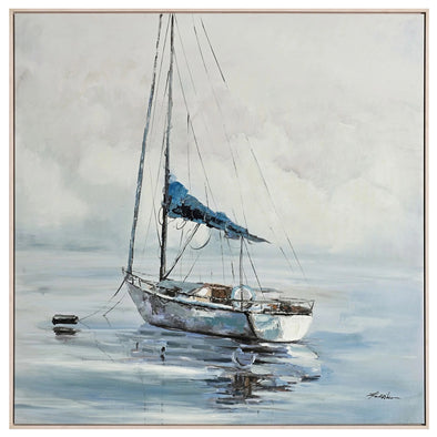 Sailboat In Mist Framed Canvas Art