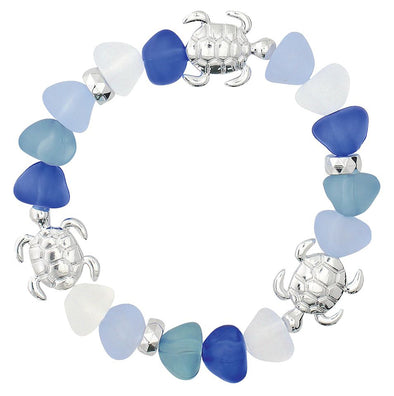 Blue Seaglass Bracelet With Silver Turtles