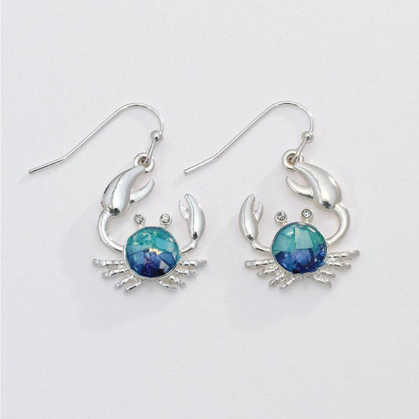 Blue Aqua Crystal Silver Crab Earrings