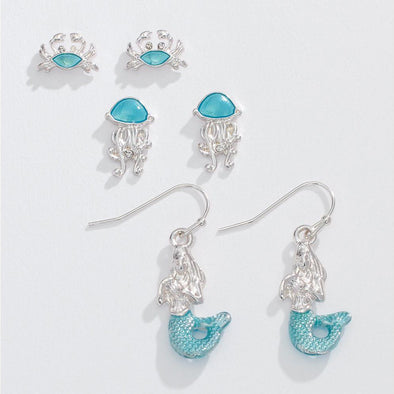 Silver Aqua Sealife Trio Earrings