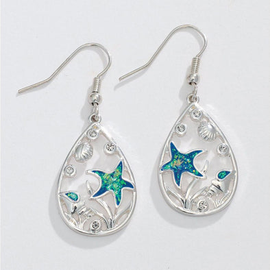 Starfish Silver Blue Green Teardrop Earrings