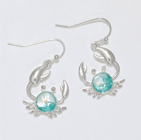 Aqua Crystal Silver Crab Earrings