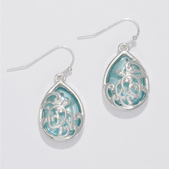 Aqua Teardrop Silver Turtle Earrings