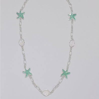 Starfish Green Glitter Silver Necklace